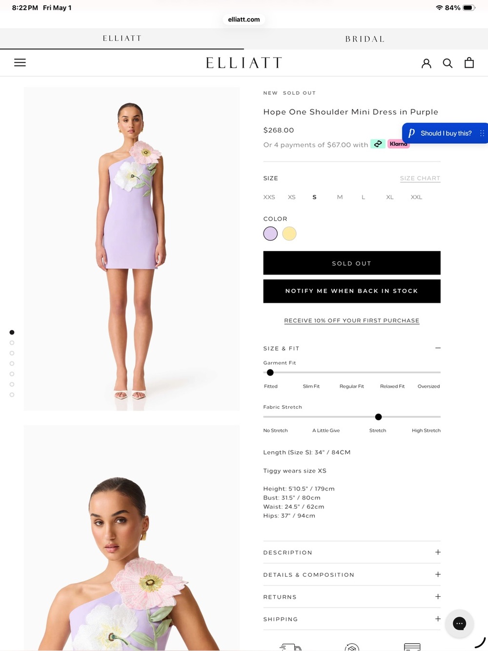 Elliatt One-Shoulder Mini Dress in Lilac with Floral Applique.  Sold out.